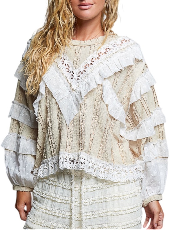 POL Tops - 319. POL Cream & white Lace Trim Ruffle Knit Women's Top